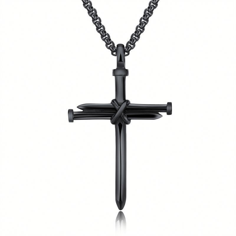 Steel Gold Black Color Fashion Mens Iron Nail Cross Pendant Necklace Stainless Steel 3mm Round Box Chain Jewelry Gift For Men